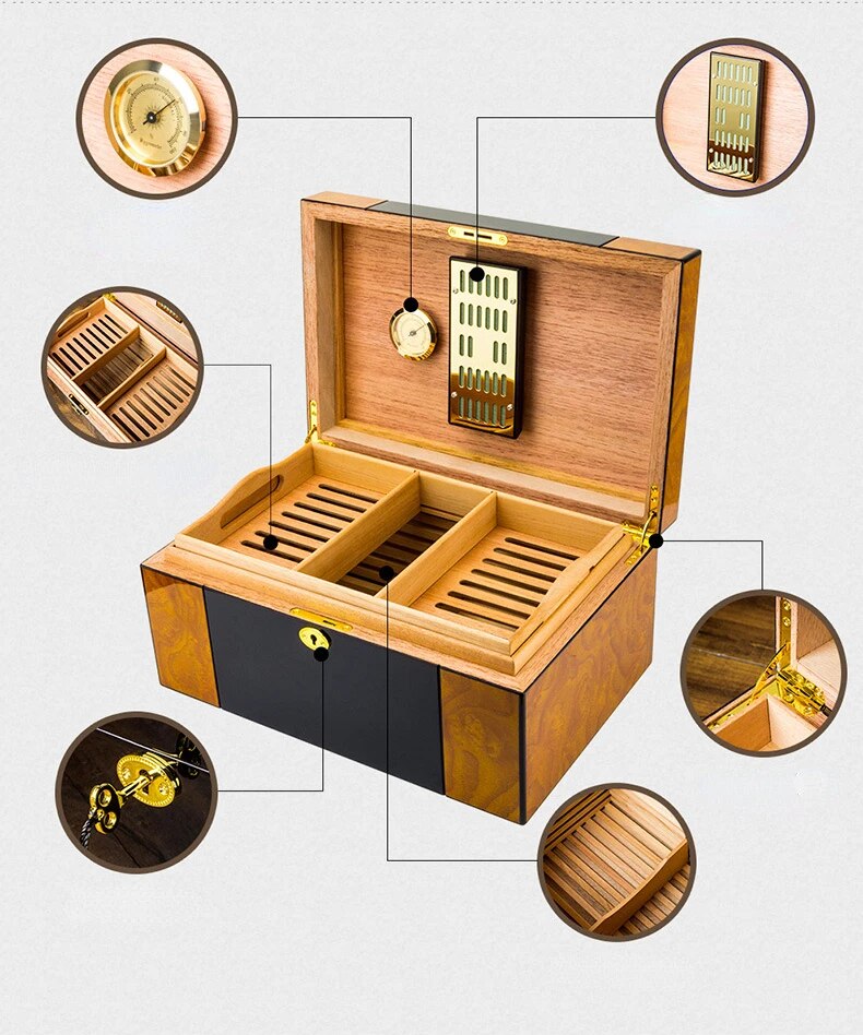 ALDO Smoking Accessories > Ashtrays Cohiba Large Capacity Cigar Humidor Humidity Meter Baked Lacquer Applique Double Layer Cedar Wood