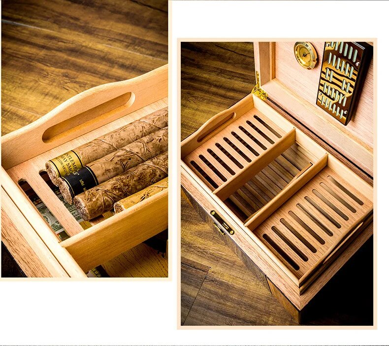 ALDO Smoking Accessories > Ashtrays Cohiba Large Capacity Cigar Humidor Humidity Meter Baked Lacquer Applique Double Layer Cedar Wood