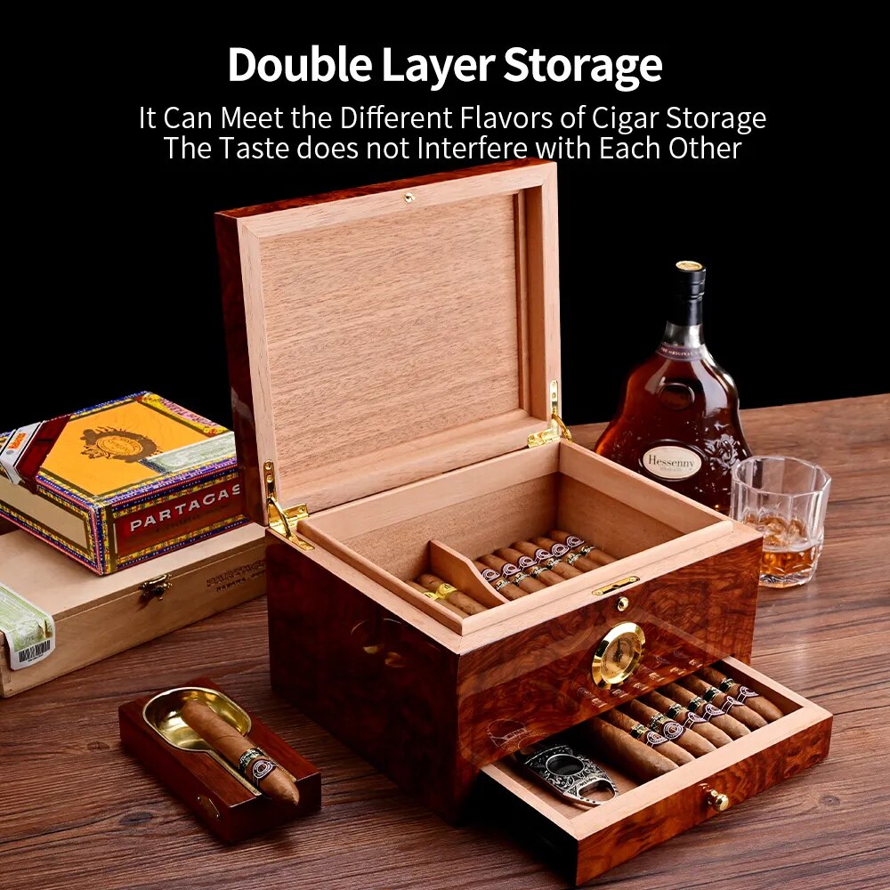 ALDO Smoking Accessories > Ashtrays Luxury Cigar Humidor 2 Layers Spanish Cedar Wood Cigar Box With Hygrometer Moisturizing Cabinet Fit 50 PCS