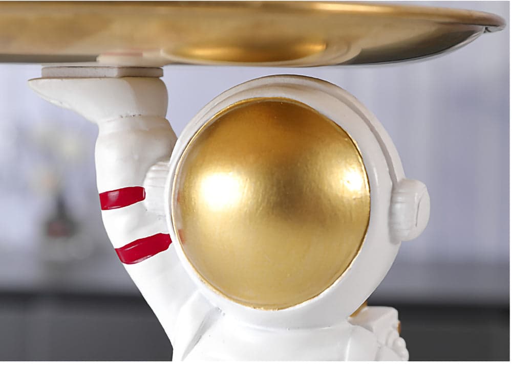 ALDO Tables > Accent Tables 10.5" H.  x 13.6" L  x 7 " W / new / resin Astronaut Apollo 11 Butler Seating on the Moon Sculptural Statue with Metal Tray and Wood Shelf