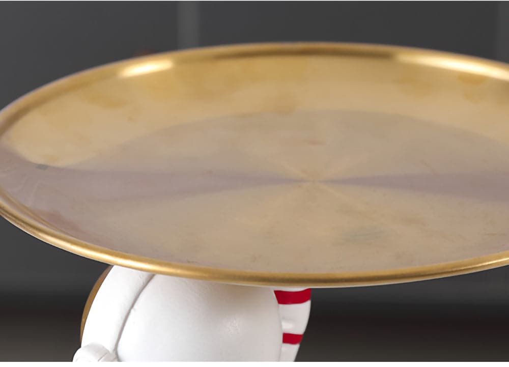 ALDO Tables > Accent Tables 10.5" H.  x 13.6" L  x 7 " W / new / resin Astronaut Apollo 11 Butler Seating on the Moon Sculptural Statue with Metal Tray and Wood Shelf