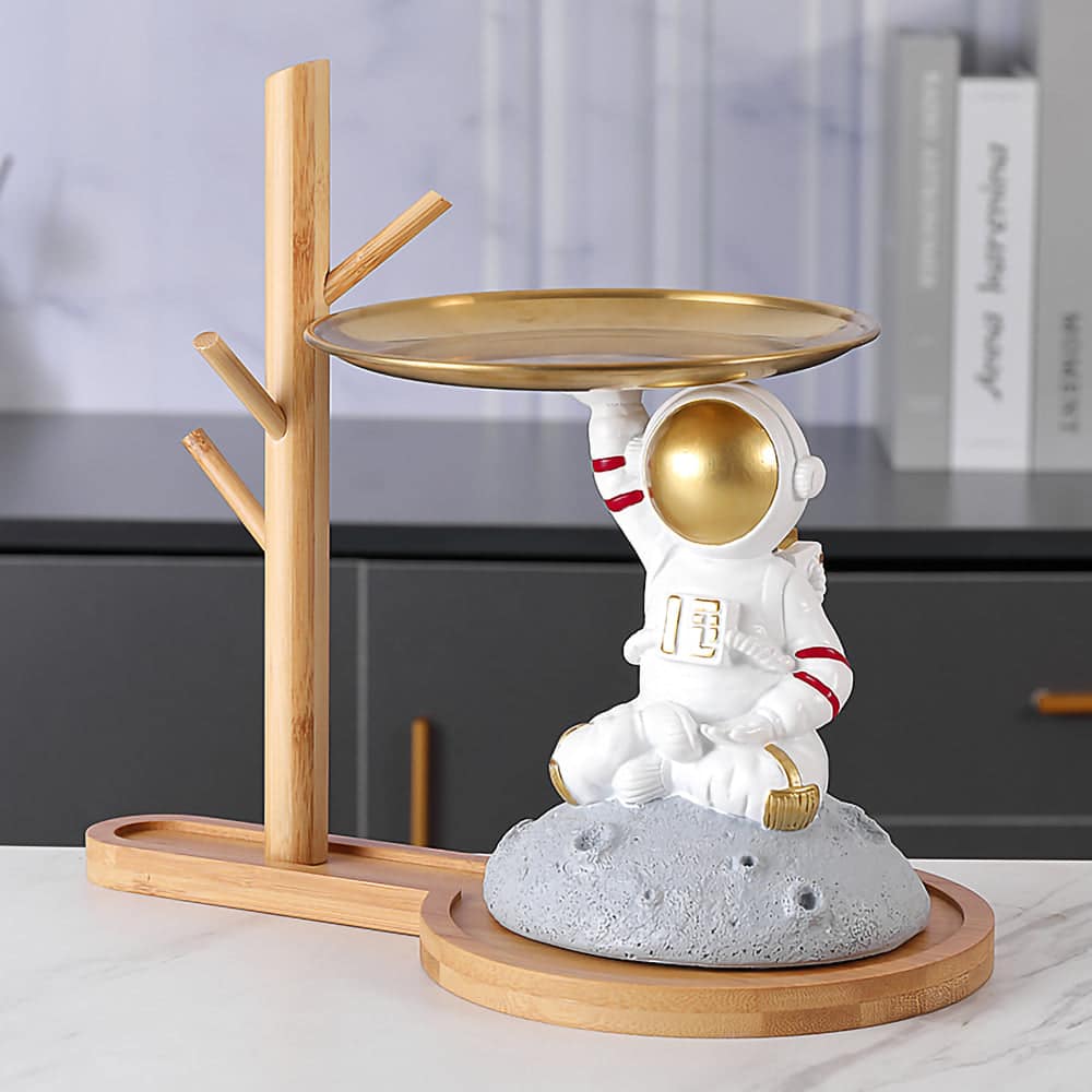 ALDO Tables > Accent Tables 10.5" H.  x 13.6" L  x 7 " W / new / resin Astronaut Apollo 11 Butler Seating on the Moon Sculptural Statue with Metal Tray and Wood Shelf