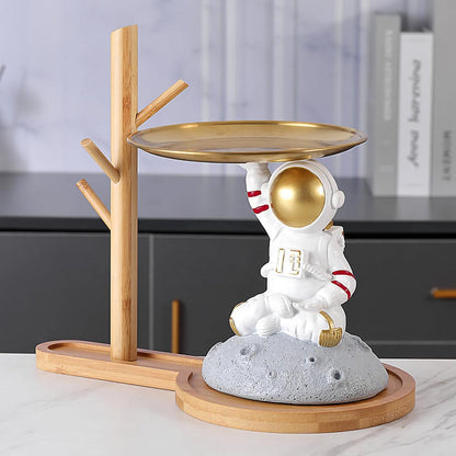 ALDO Tables > Accent Tables 10.5" H.  x 13.6" L  x 7 " W / new / resin Astronaut Apollo 11 Butler Seating on the Moon Sculptural Statue with Metal Tray and Wood Shelf