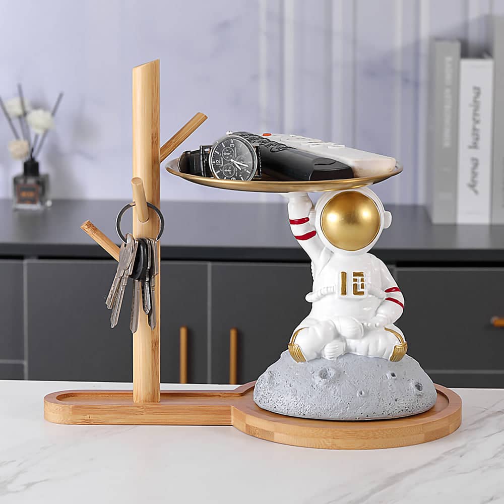 ALDO Tables > Accent Tables 10.5" H.  x 13.6" L  x 7 " W / new / resin Astronaut Apollo 11 Butler Seating on the Moon Sculptural Statue with Metal Tray and Wood Shelf