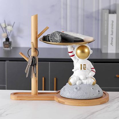 ALDO Tables > Accent Tables 10.5" H.  x 13.6" L  x 7 " W / new / resin Astronaut Apollo 11 Butler Seating on the Moon Sculptural Statue with Metal Tray and Wood Shelf