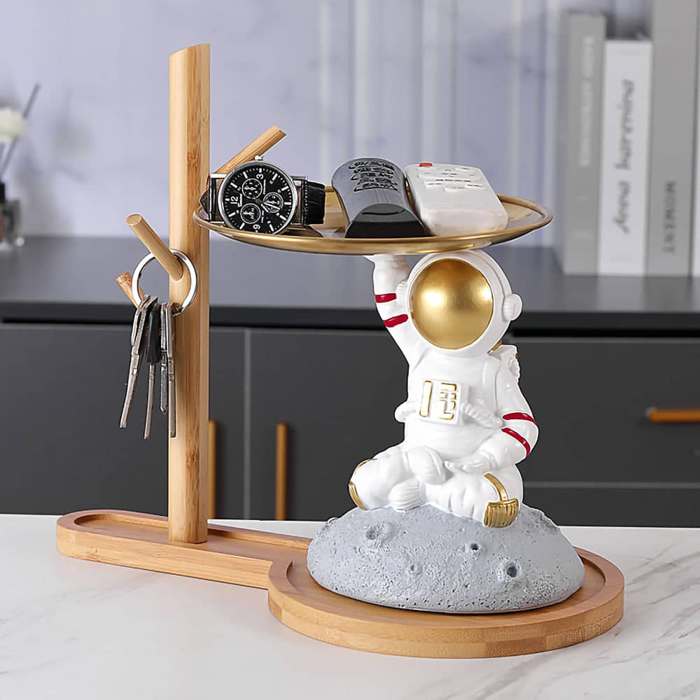 ALDO Tables > Accent Tables 10.5" H.  x 13.6" L  x 7 " W / new / resin Astronaut Apollo 11 Butler Seating on the Moon Sculptural Statue with Metal Tray and Wood Shelf
