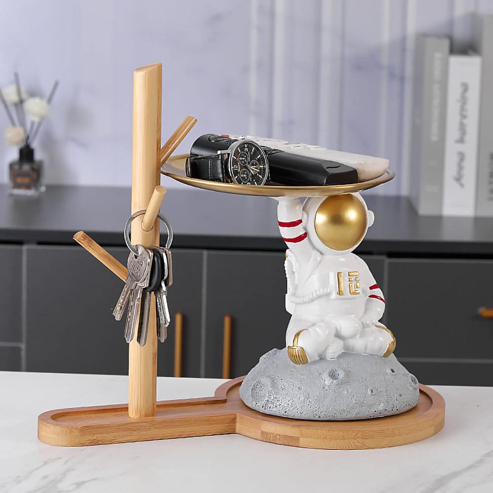 ALDO Tables > Accent Tables 10.5" H.  x 13.6" L  x 7 " W / new / resin Astronaut Apollo 11 Butler Seating on the Moon Sculptural Statue with Metal Tray and Wood Shelf