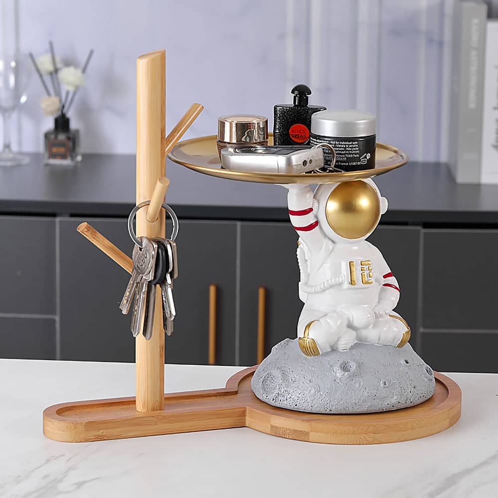 ALDO Tables > Accent Tables 10.5" H.  x 13.6" L  x 7 " W / new / resin Astronaut Apollo 11 Butler Seating on the Moon Sculptural Statue with Metal Tray and Wood Shelf