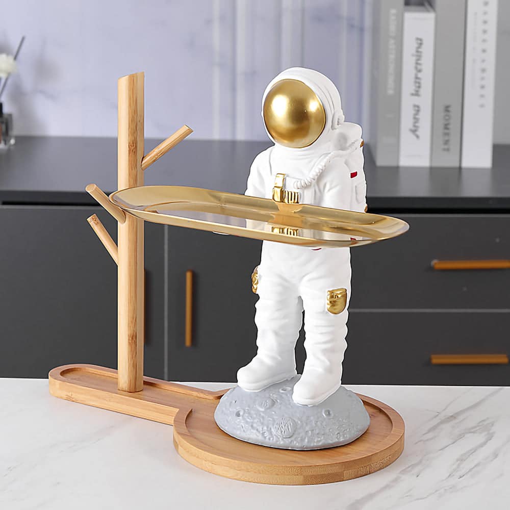 ALDO Tables > Accent Tables 10.5" H.  x 13.6" L  x 7 " W / new / resin Astronaut Apollo 11 Butler Standing on the Moon Sculptural Statue with Metal Tray and Wood Shelf