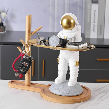 ALDO Tables > Accent Tables 10.5" H.  x 13.6" L  x 7 " W / new / resin Astronaut Apollo 11 Butler Standing on the Moon Sculptural Statue with Metal Tray and Wood Shelf