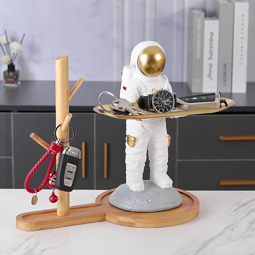 ALDO Tables > Accent Tables 10.5" H.  x 13.6" L  x 7 " W / new / resin Astronaut Apollo 11 Butler Standing on the Moon Sculptural Statue with Metal Tray and Wood Shelf