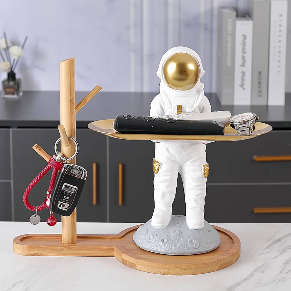 ALDO Tables > Accent Tables 10.5" H.  x 13.6" L  x 7 " W / new / resin Astronaut Apollo 11 Butler Standing on the Moon Sculptural Statue with Metal Tray and Wood Shelf