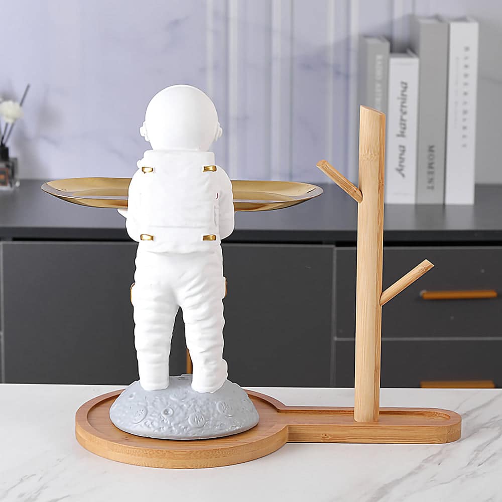 ALDO Tables > Accent Tables 10.5" H.  x 13.6" L  x 7 " W / new / resin Astronaut Apollo 11 Butler Standing on the Moon Sculptural Statue with Metal Tray and Wood Shelf