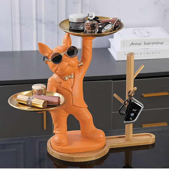 ALDO Tables > Accent Tables 12.9" H.  x 12" L  x 9 " W / new / resin French Brown Bulldog Butler Sculptural Statue with Metal Tray and Wood Shelf