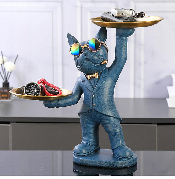ALDO Tables > Accent Tables 12.9" H.  x 12" L  x 9 " W / new / resin French Bulldog Blue Butler Sculptural  Statue with Metal Tray
