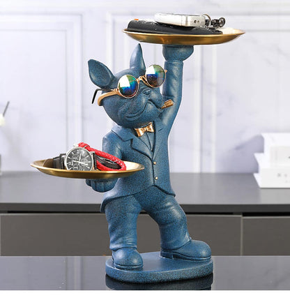 ALDO Tables > Accent Tables 12.9" H.  x 12" L  x 9 " W / new / resin French Bulldog Blue Butler Sculptural  Statue with Metal Tray