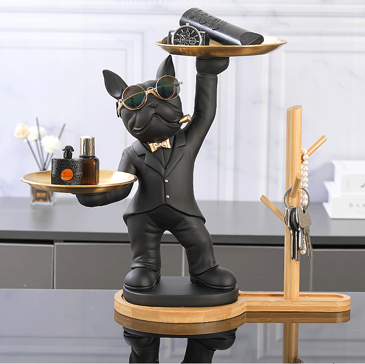ALDO Tables > Accent Tables 12.9" H.  x 12" L  x 9 " W / new / resin French Bulldog Butler Sculptural  Statue with Metal Tray and Wood Shelf