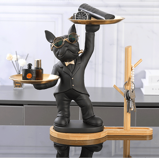 ALDO Tables > Accent Tables 12.9" H.  x 12" L  x 9 " W / new / resin French Bulldog Butler Sculptural  Statue with Metal Tray and Wood Shelf
