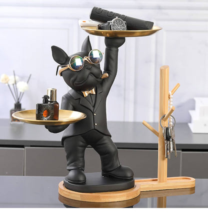 ALDO Tables > Accent Tables 12.9" H.  x 12" L  x 9 " W / new / resin French Bulldog Butler Sculptural  Statue with Metal Tray and Wood Shelf