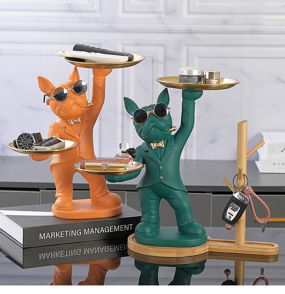 ALDO Tables > Accent Tables 12.9" H.  x 12" L  x 9 " W / new / resin French Bulldog Butler Sculptural Statues with Metal Tray and Key Chain Shelf Set of Two