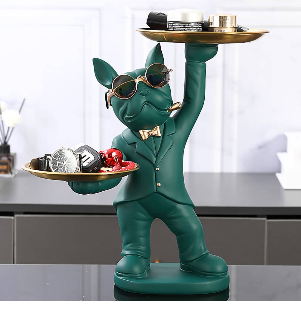 ALDO Tables > Accent Tables 12.9" H.  x 12" L  x 9 " W / new / resin French Bulldog Green Butler Sculptural  Statue with Metal Tray