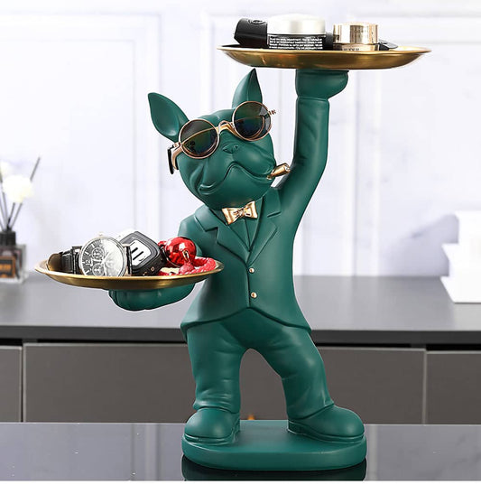 ALDO Tables > Accent Tables 12.9" H.  x 12" L  x 9 " W / new / resin French Bulldog Green Butler Sculptural  Statue with Metal Tray