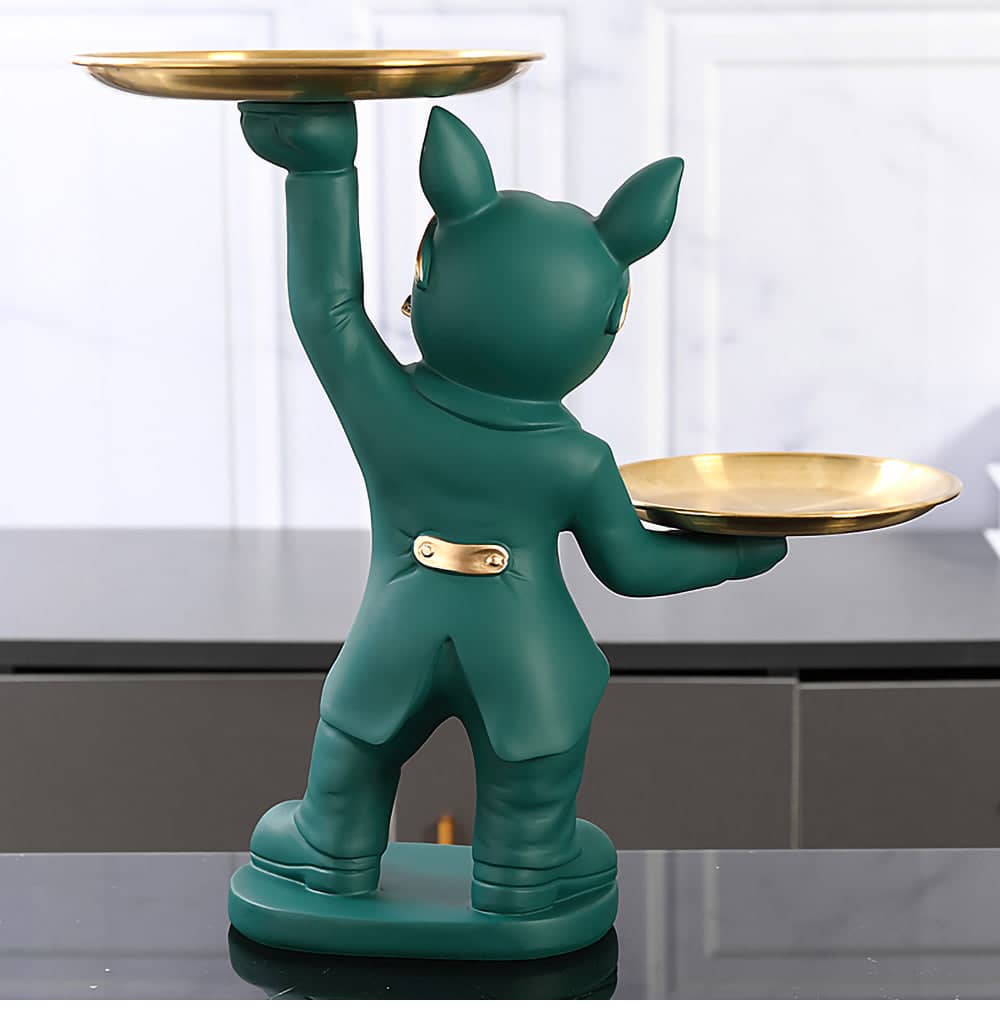 ALDO Tables > Accent Tables 12.9" H.  x 12" L  x 9 " W / new / resin French Bulldog Green Butler Sculptural  Statue with Metal Tray