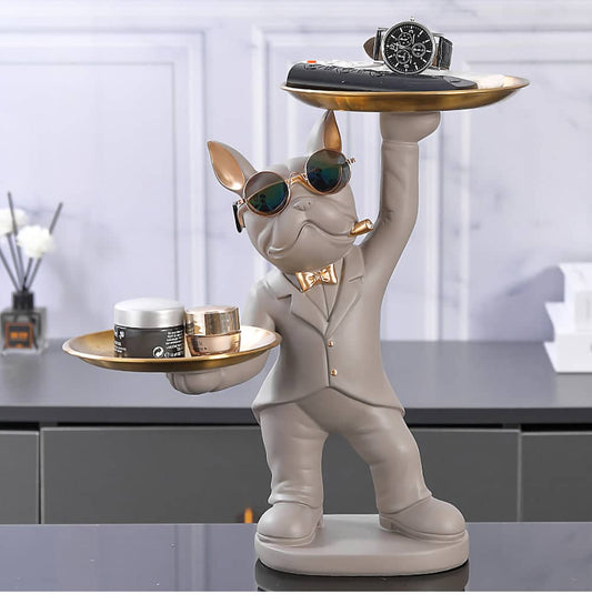 ALDO Tables > Accent Tables 12.9" H.  x 12" L  x 9 " W / new / resin French Bulldog Light Brown Butler Sculptural  Statue with Metal Tray