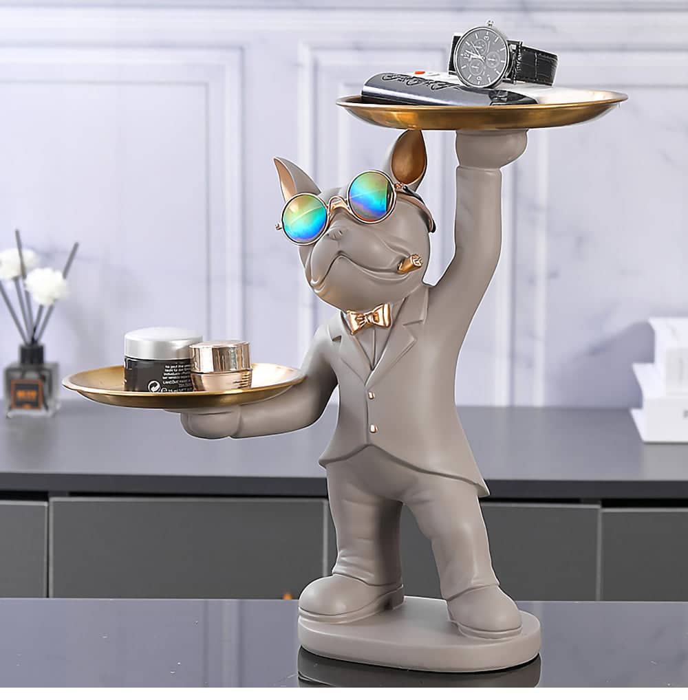 ALDO Tables > Accent Tables 12.9" H.  x 12" L  x 9 " W / new / resin French Bulldog Light Brown Butler Sculptural  Statue with Metal Tray