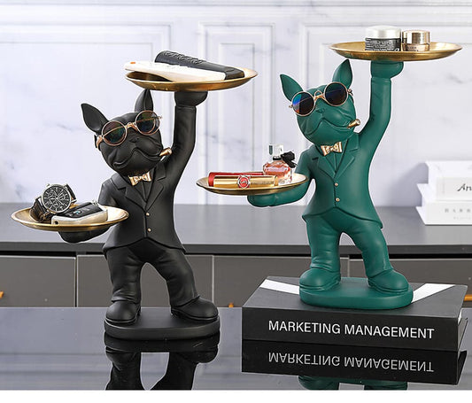ALDO Tables > Accent Tables 12.9" H.  x 12" L  x 9 " W / new / resin French Bulldogs Black and Green Butler Sculptural Statues with Metal Tray Set of Two