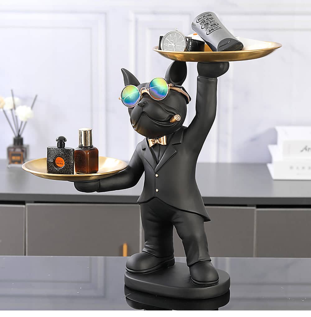 ALDO Tables > Accent Tables 12.9" H.  x 12" L  x 9 " W / new / resin French Bulldogs Black and Green Butler Sculptural Statues with Metal Tray Set of Two