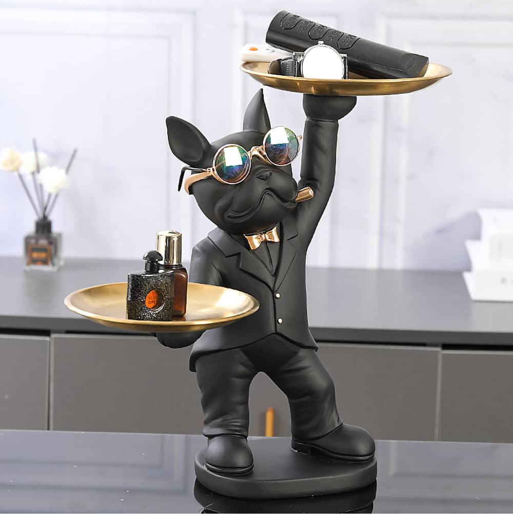 ALDO Tables > Accent Tables 12.9" H.  x 12" L  x 9 " W / new / resin French Bulldogs Black and Green Butler Sculptural Statues with Metal Tray Set of Two