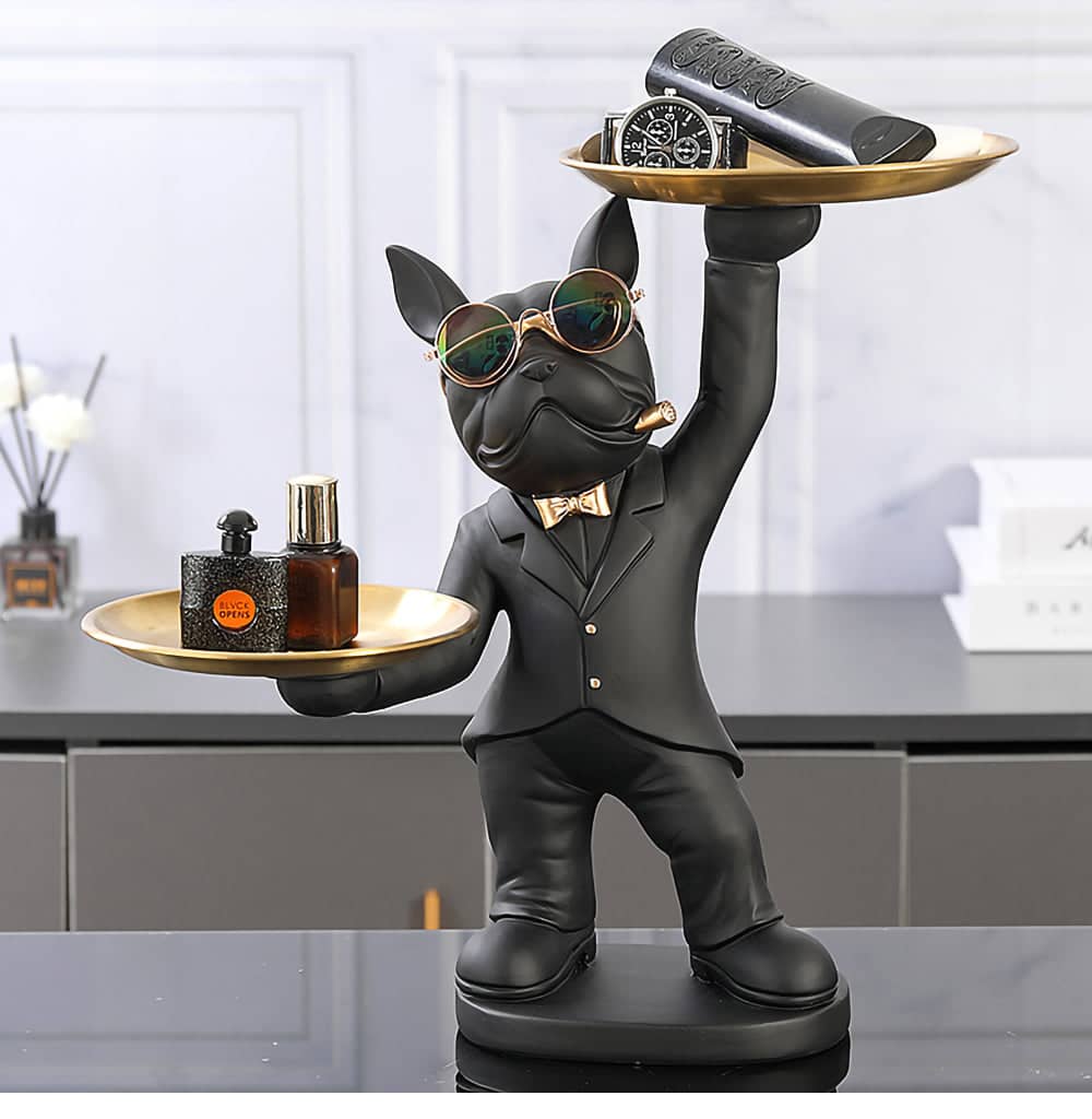 ALDO Tables > Accent Tables 12.9" H.  x 12" L  x 9 " W / new / resin French Bulldogs Black and Green Butler Sculptural Statues with Metal Tray Set of Two