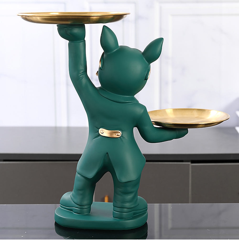 ALDO Tables > Accent Tables 12.9" H.  x 12" L  x 9 " W / new / resin French Bulldogs Black and Green Butler Sculptural Statues with Metal Tray Set of Two