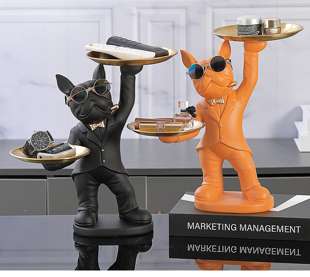 ALDO Tables > Accent Tables 12.9" H.  x 12" L  x 9 " W / new / resin Personal Butler French Bulldogs Black and Brown Sculptural Statues with Metal Tray Set of Two
