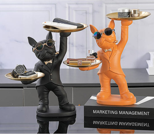 ALDO Tables > Accent Tables 12.9" H.  x 12" L  x 9 " W / new / resin Personal Butler French Bulldogs Black and Brown Sculptural Statues with Metal Tray Set of Two