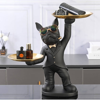 ALDO Tables > Accent Tables 12.9" H.  x 12" L  x 9 " W / new / resin Personal Butler French Bulldogs Black and Brown Sculptural Statues with Metal Tray Set of Two