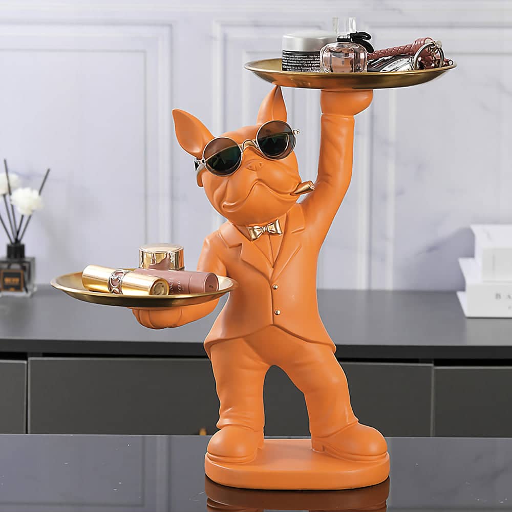 ALDO Tables > Accent Tables 12.9" H.  x 12" L  x 9 " W / new / resin Personal Butler French Bulldogs Black and Brown Sculptural Statues with Metal Tray Set of Two