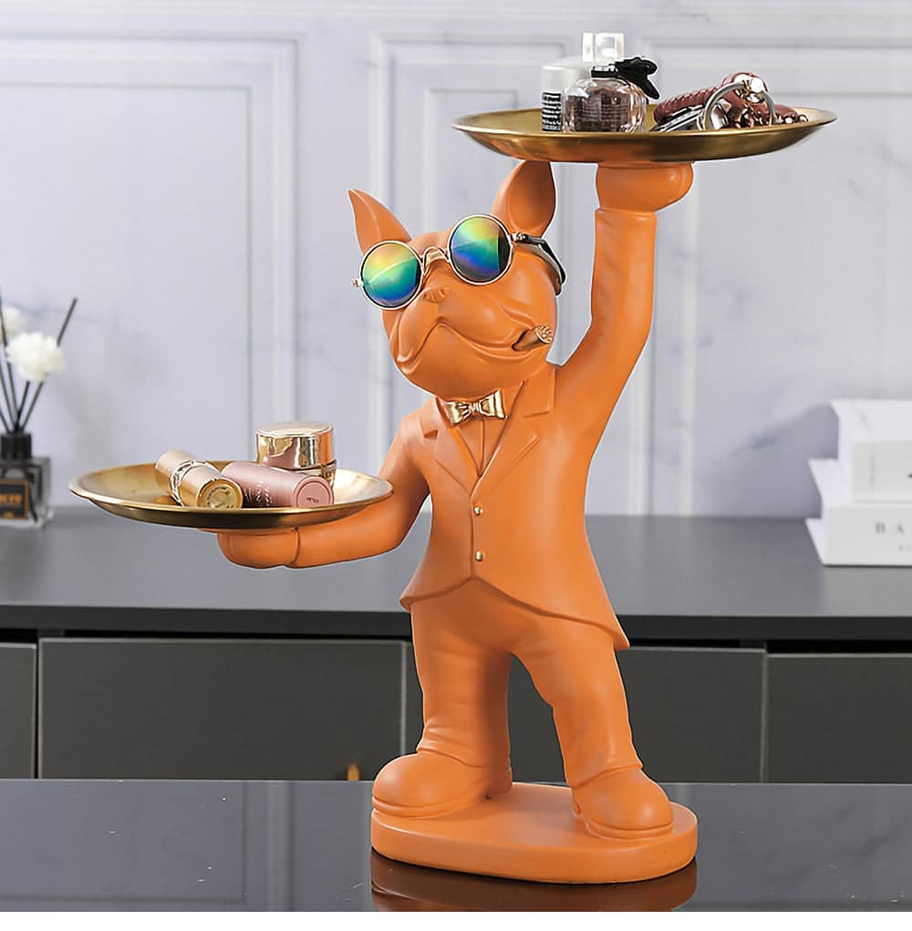 ALDO Tables > Accent Tables 12.9" H.  x 12" L  x 9 " W / new / resin Personal Butler French Bulldogs Black and Brown Sculptural Statues with Metal Tray Set of Two