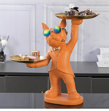 ALDO Tables > Accent Tables 12.9" H.  x 12" L  x 9 " W / new / resin Personal Butler French Bulldogs Black and Brown Sculptural Statues with Metal Tray Set of Two