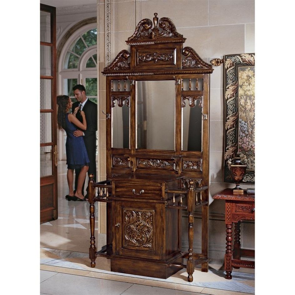 ALDO Tables > Accent Tables 43"Wx16.5"Dx89.5"H. 104 lbs. / new / wood English Victorian Hand-Carved Solid Mahogany Antique Replica Entryway Stand With Mirror
