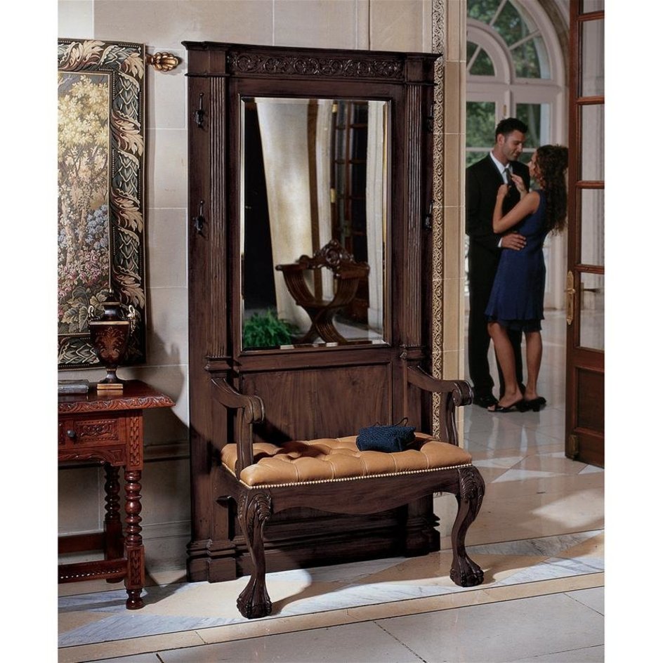 ALDO Tables > Accent Tables 44"Wx21.5"Dx79.5"H / new / wood English Victorian Hand-Carved Solid Mahogany Antique Replica Entryway Hallway Stand With Mirror and Seating Bench Set