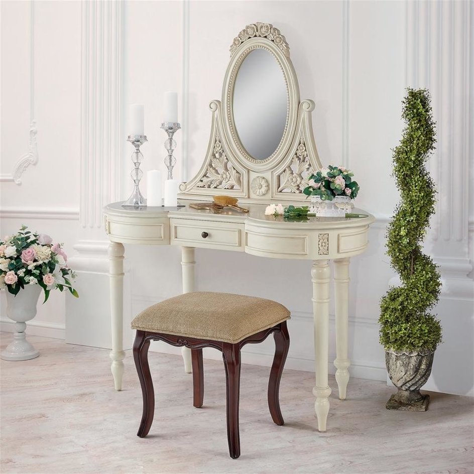 ALDO Tables > Accent Tables 45.5"Wx19"Dx57.5"H / new / wood French Victorian Hand-Carved Solid Mahogany Antique Replica Bedroom Vanity White Dressing Table With Mirror