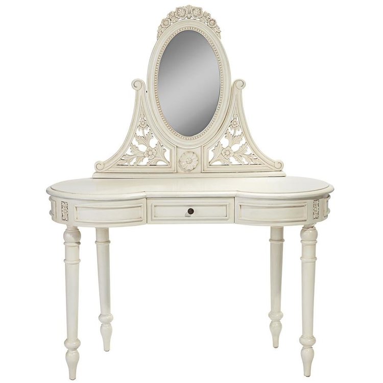 ALDO Tables > Accent Tables 45.5"Wx19"Dx57.5"H / new / wood French Victorian Hand-Carved Solid Mahogany Antique Replica Bedroom Vanity White Dressing Table With Mirror