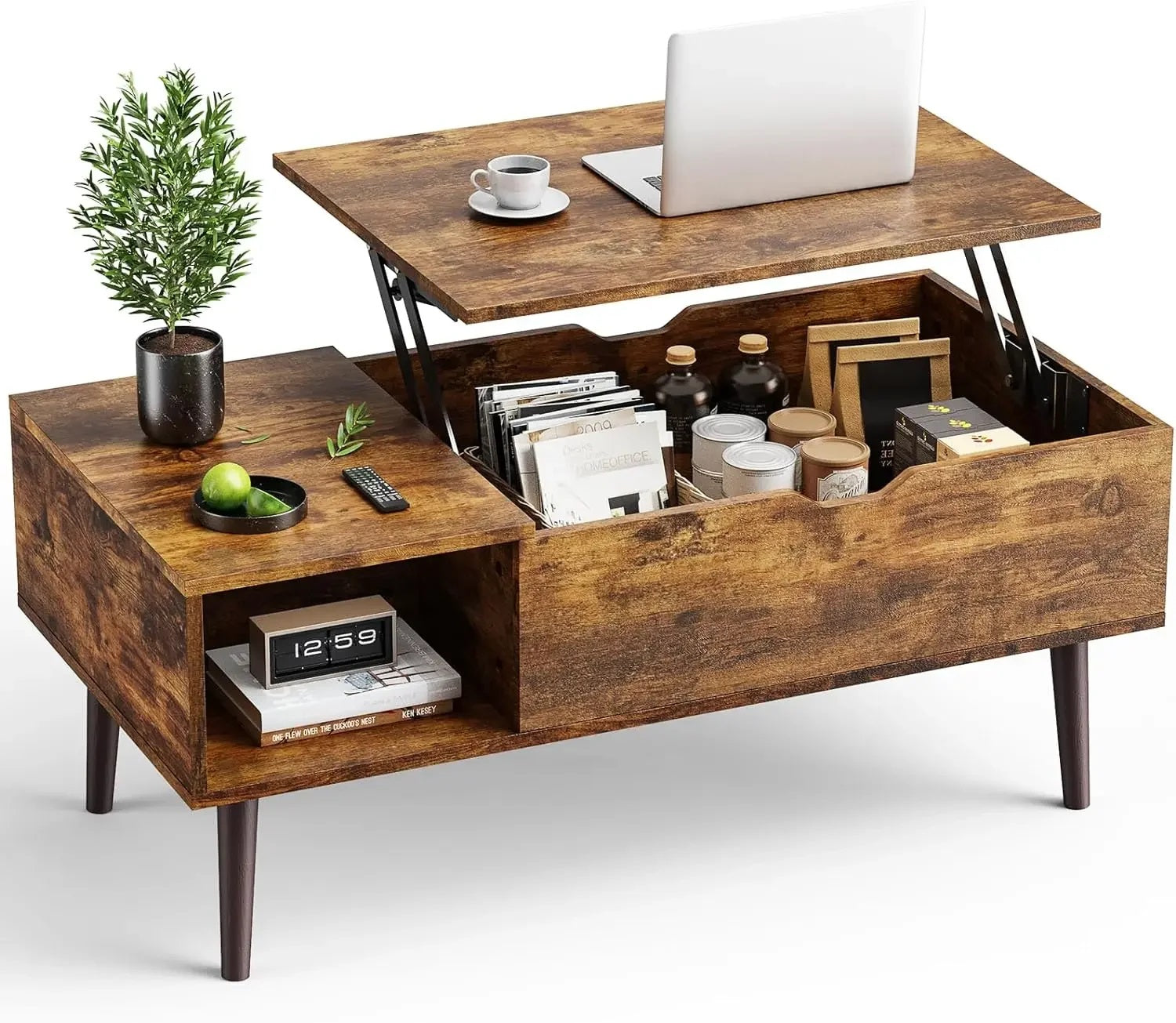 ALDO Tables > Accent Tables Brown Modern Lift Top Coffee  Computor Table With Storage Shelf and Hidden Compartment