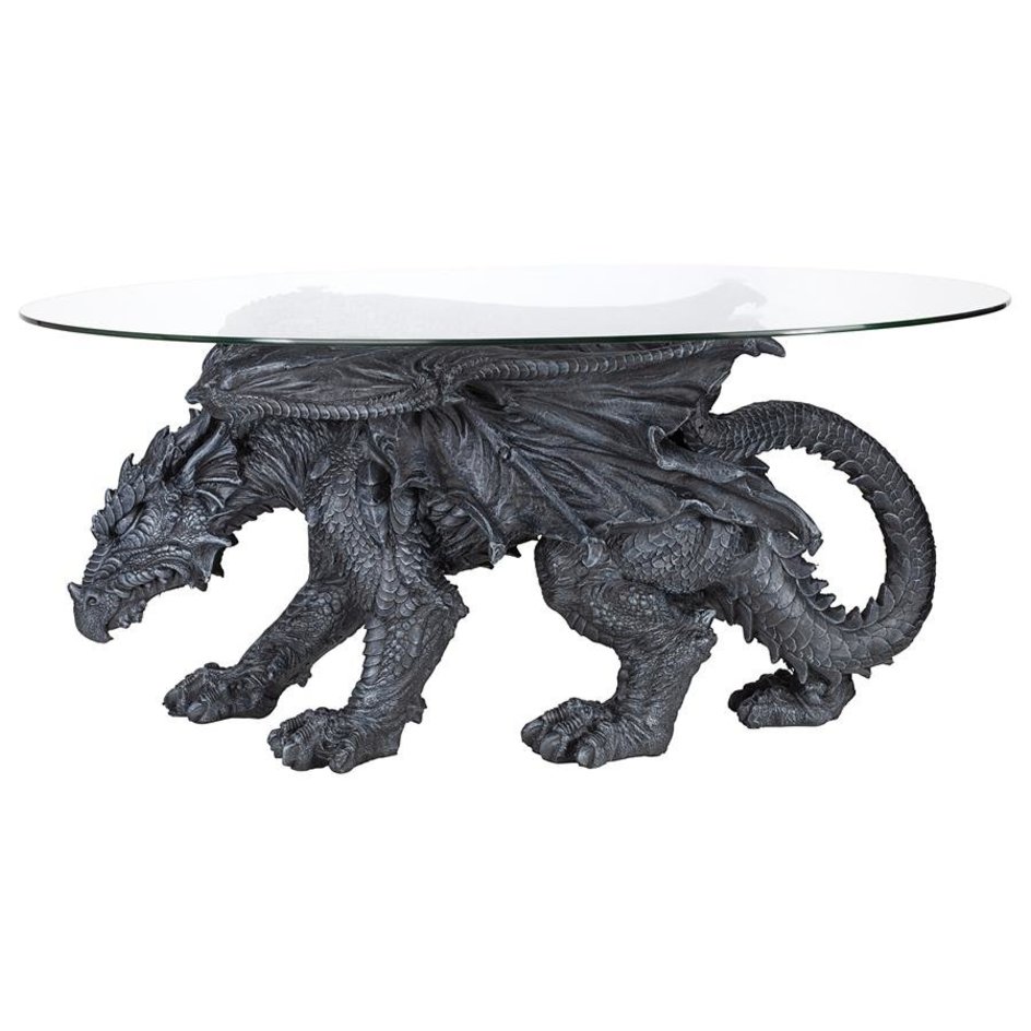 ALDO Tables > Accent Tables Dark Gray Cofee Tea Hand Carved Gothic Dragon Glass-Topped Sculptural Coffee Table By artist Monte M. Moore