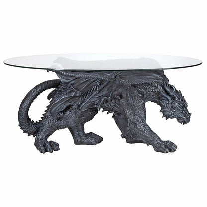 ALDO Tables > Accent Tables Dark Gray Cofee Tea Hand Carved Gothic Dragon Glass-Topped Sculptural Coffee Table By artist Monte M. Moore