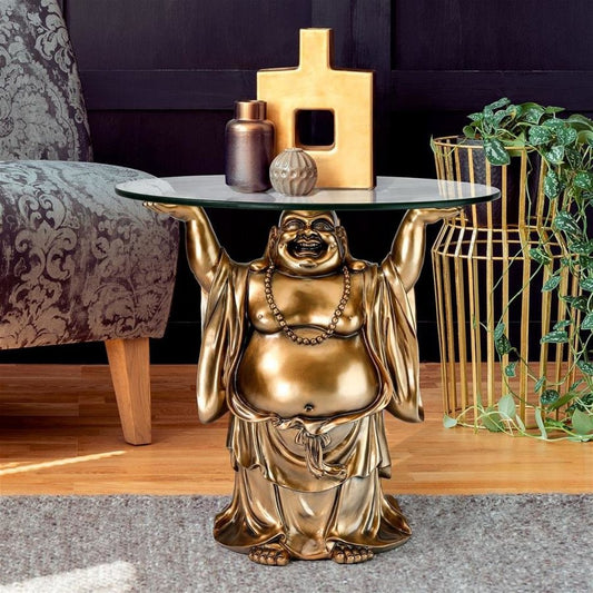 ALDO Tables > Accent Tables Feng Shui Decoration Jolly Hotei Buddha Glass-Topped Sculptural Table