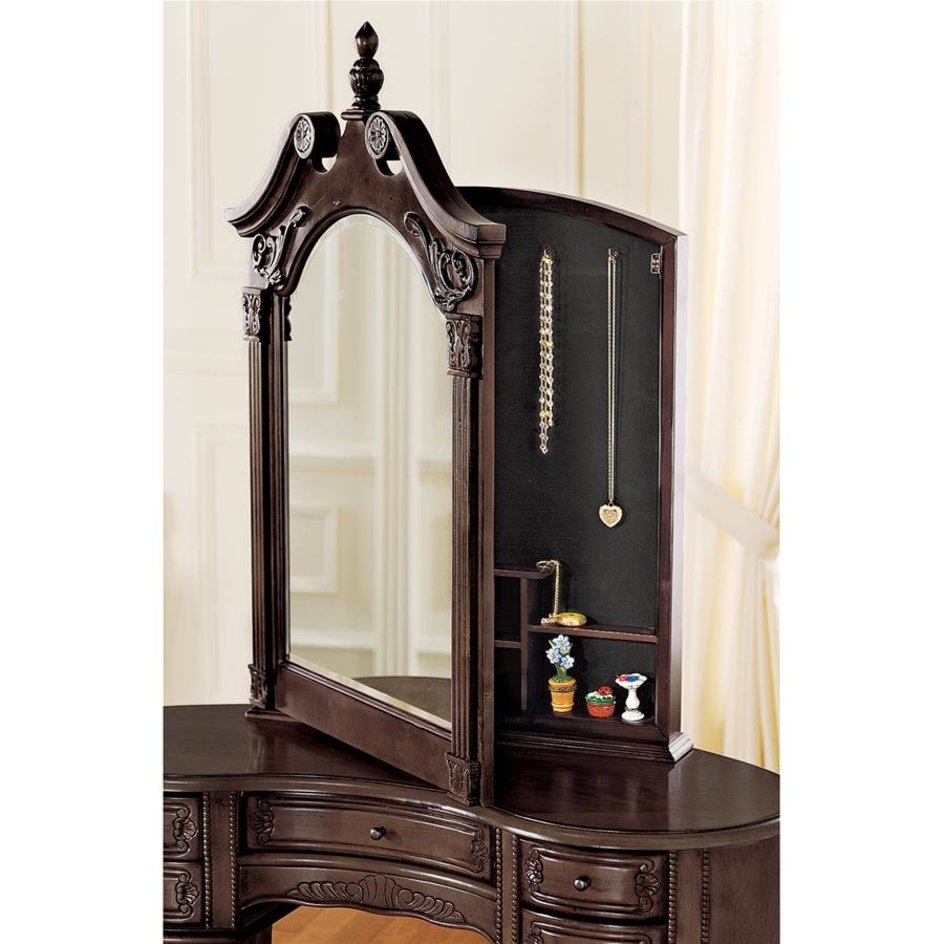 ALDO Tables > Accent Tables French Victorian Hand-Carved Solid Mahogany Antique Replica Bedroom Vanity Brown Dressing Table With Mirror and Jewelry Compartment