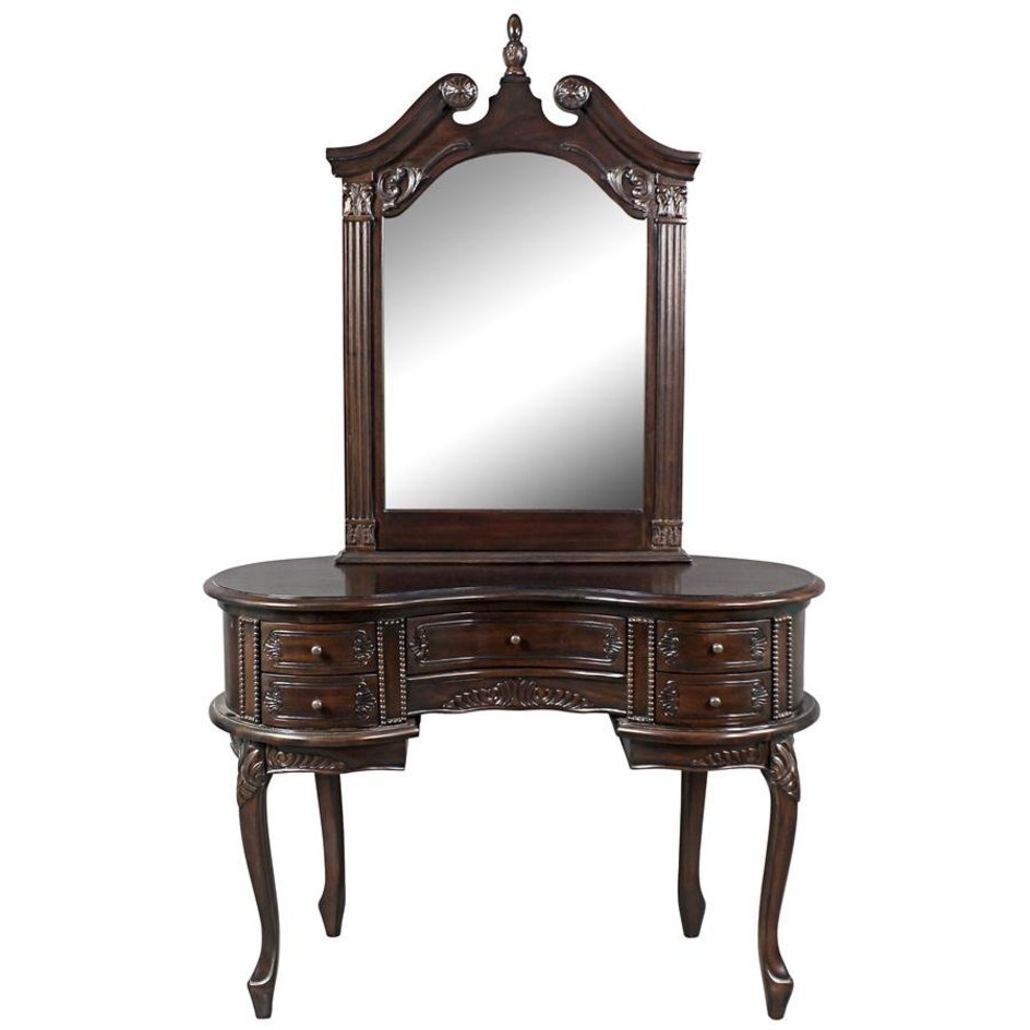 ALDO Tables > Accent Tables French Victorian Hand-Carved Solid Mahogany Antique Replica Bedroom Vanity Brown Dressing Table With Mirror and Jewelry Compartment